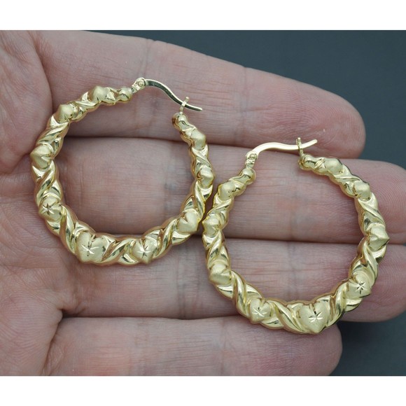 Real 10K Yellow Gold 36.3mm Twisted Heart Diamond Cut Hoop Earrings 4.1gr